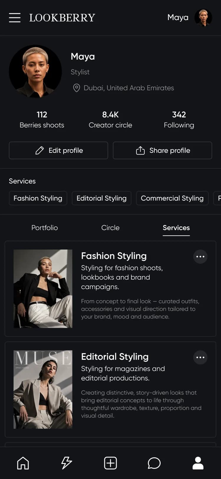 Servizi di styling mostrati nell'app LookBerry