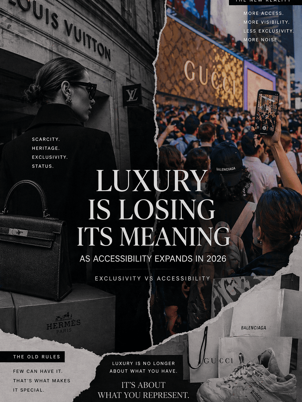 Luxury fashion in 2026 is facing a crisis of identity as brands expand accessibility, increase visibility, and blur the line between exclusivity and mass market.