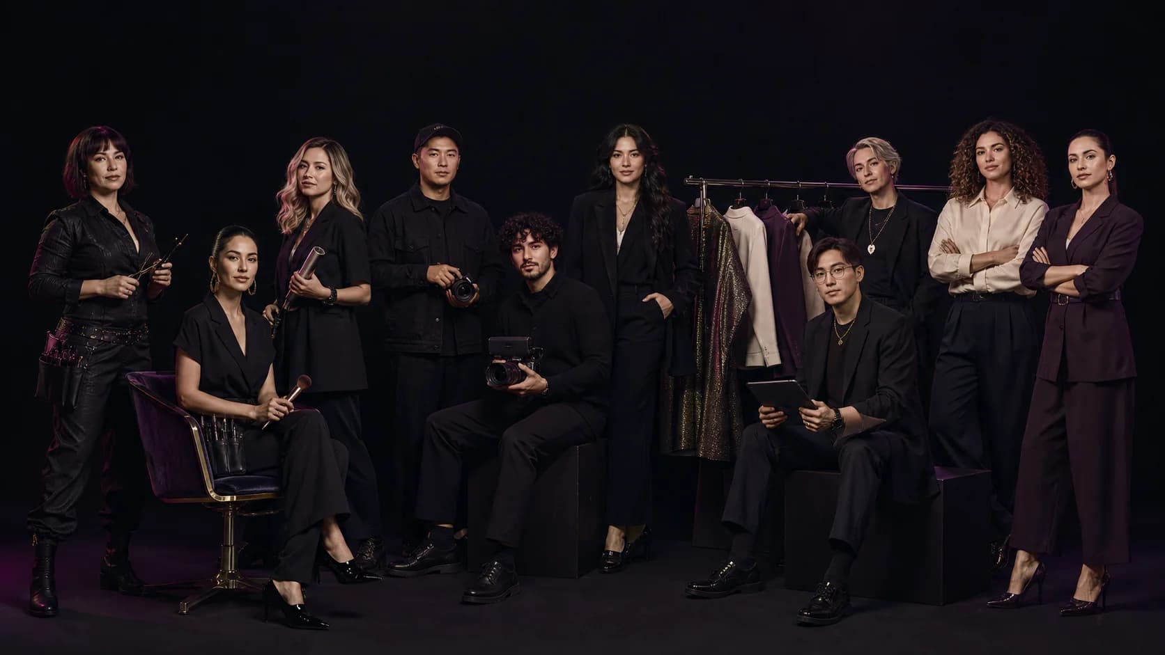 Un team di professionisti fashion e beauty in uno studio editorial scuro