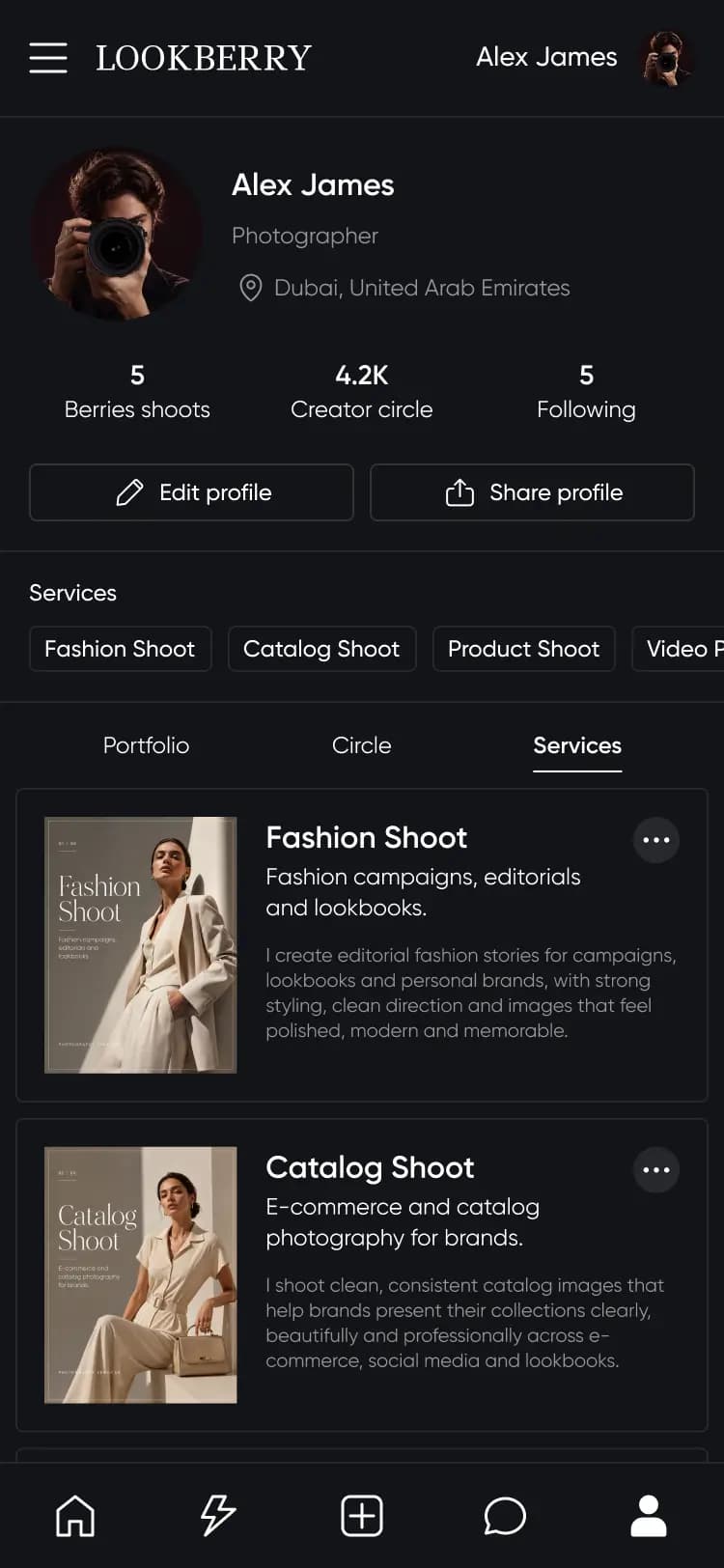 Servizi fotografici mostrati nell'app Lookberry