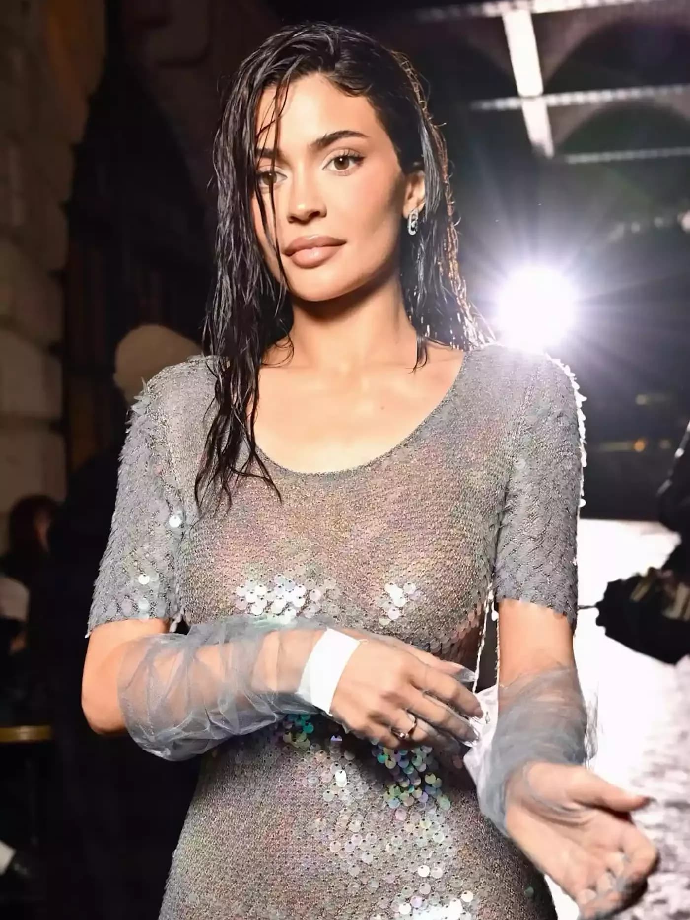 Kylie Jenner Dazzles in a Fully Sheer Sequined Dress Paired with Slouchy Gloves