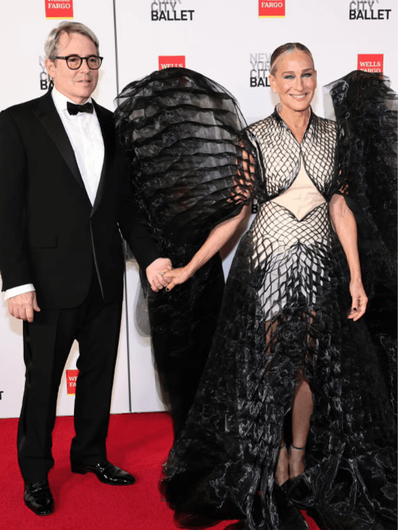 Sarah Jessica Parker dazzles in dramatic black angel wings at the New York City Ballet Gala, joining husband Matthew Broderick on the red carpet.