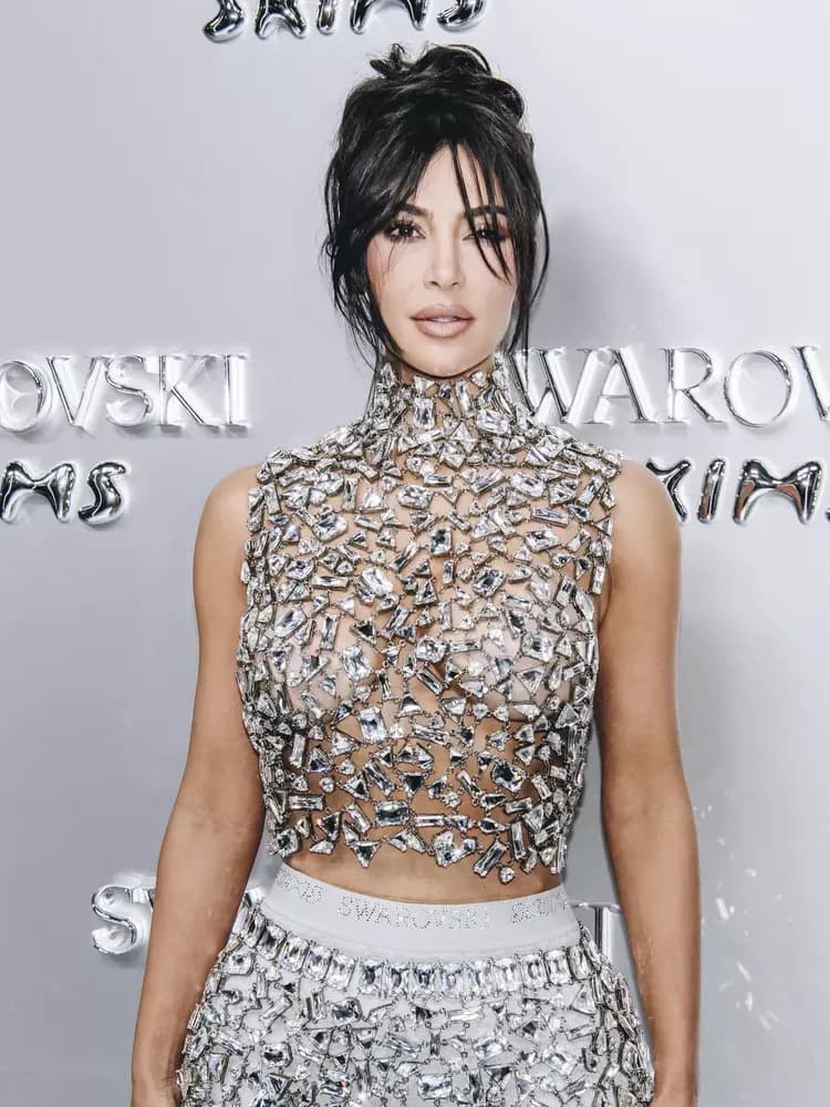 Kim Kardashian Stuns in a Dazzling Swarovski-Encrusted Two-Piece Outfit Today