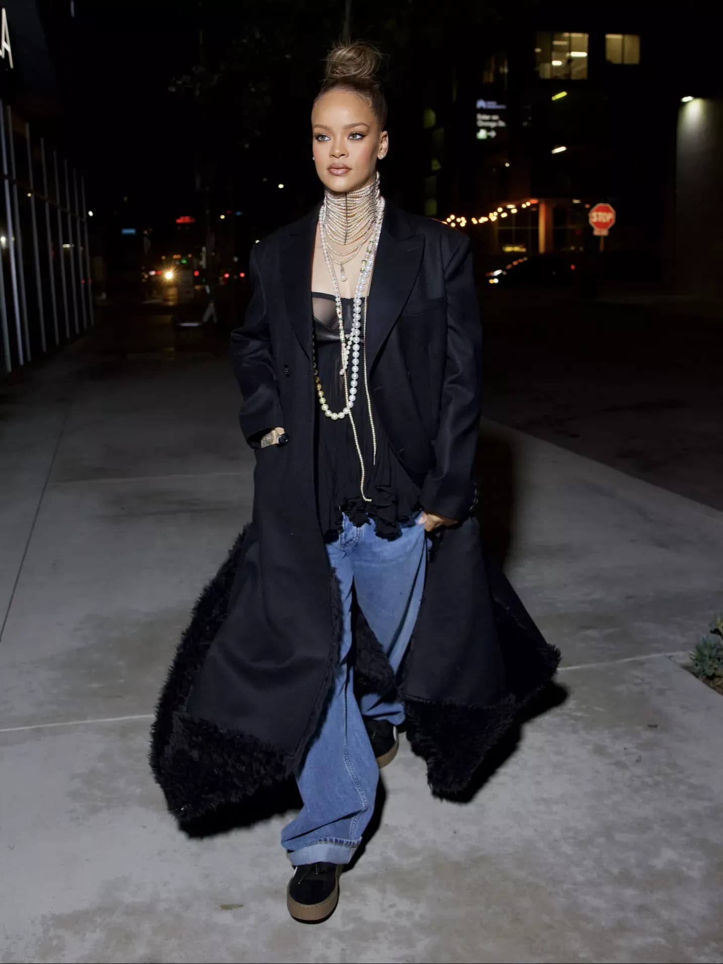Rihanna Stuns in Sheer Bra, Layers of Pearls, and an Oversized Trench Coat