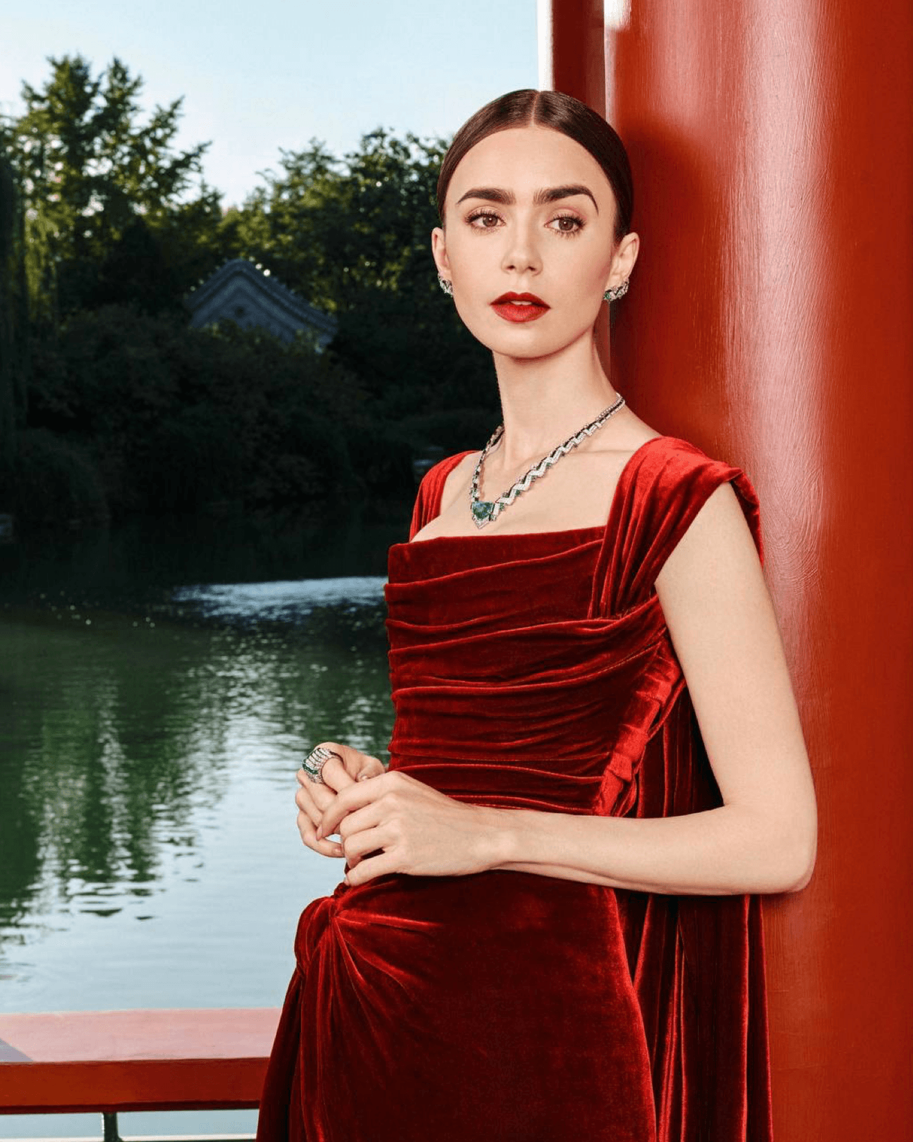 The actress has had a long history with the colour red, but this has been in relation to her favourite lip colour.
On this occasion she looked breath-taking by matching her lip colour and ruby Cartier jewels to her Elie Saab Fall 2023 Haute Couture garnet red silk velvet gown.