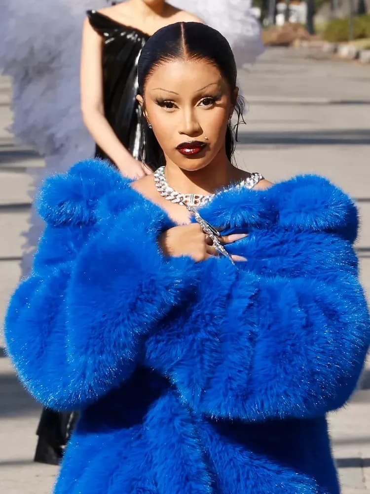 Cardi B Hits the Runway for the First Time in a Striking Fuzzy Cobalt Coat at Balenciaga Show