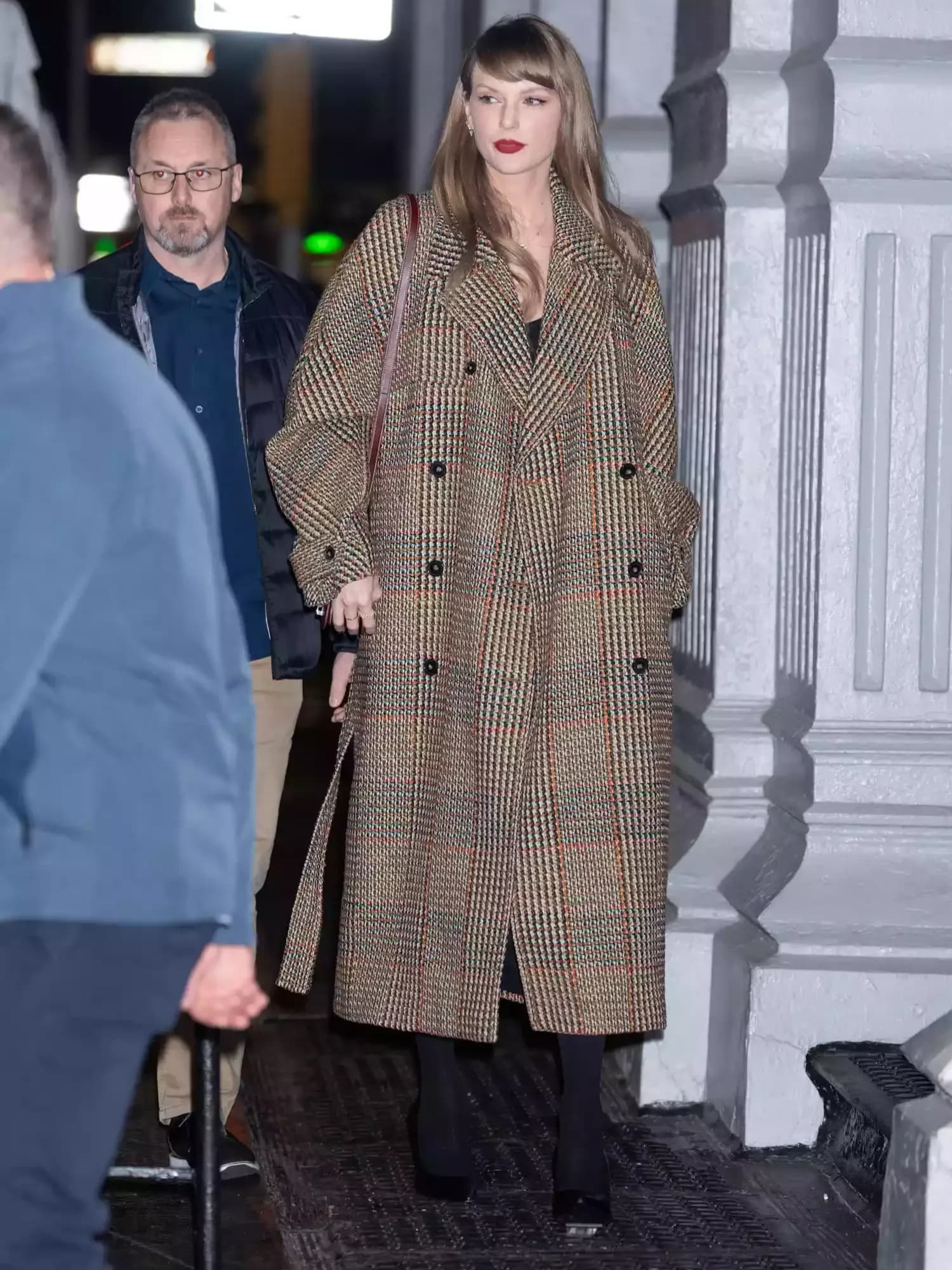Taylor Swift's Dinner Outfit Features a Massive Tweed Trench Coat Paired with a Petite Matching Miniskirt